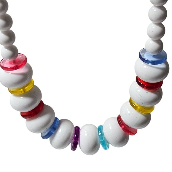 Boho Chic White Beaded Chunky Necklace Multicolored Accent Beads Whimsical Women - Picture 2 of 5